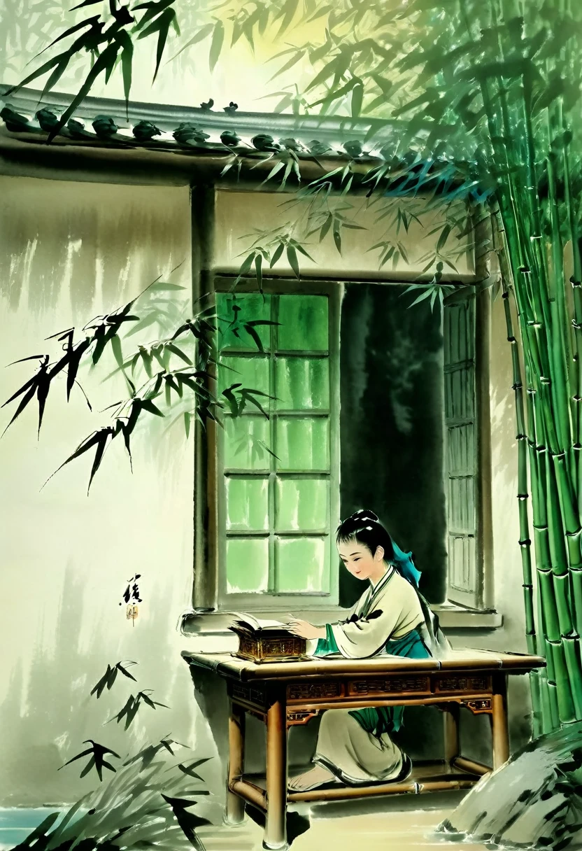 Photography，Chinese Ink Painting，Traditional Chinese Art，Simplicity ，An old house，House by the lake，Complete wooden house，There is a desk in the house，Boy reading a book，Boy in traditional Chinese costume，There is a bamboo forest outside the window，The shadow of the bamboo is projected on the desk through the window，Green bamboo swaying outside the window，Shadow in the bookcase，The gurgling spring in the distance，Flowing into the inkstone pool