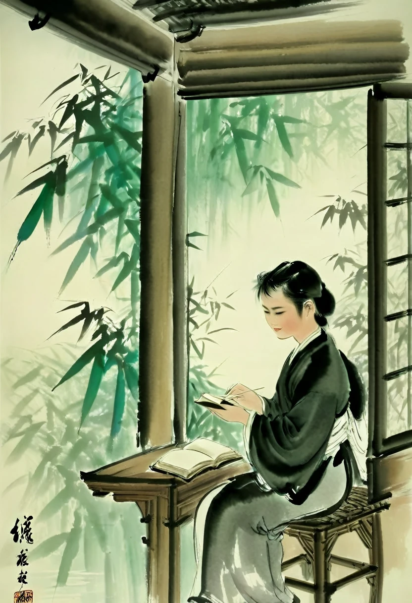 Photography，Chinese Ink Painting，Traditional Chinese Art，Simplicity ，An old house，House by the lake，Complete wooden house，There is a desk in the house，Boy reading a book，Boy in traditional Chinese costume，There is a bamboo forest outside the window，The shadow of the bamboo is projected on the desk through the window，Green bamboo swaying outside the window，Shadow in the bookcase，The gurgling spring in the distance，Flowing into the inkstone pool