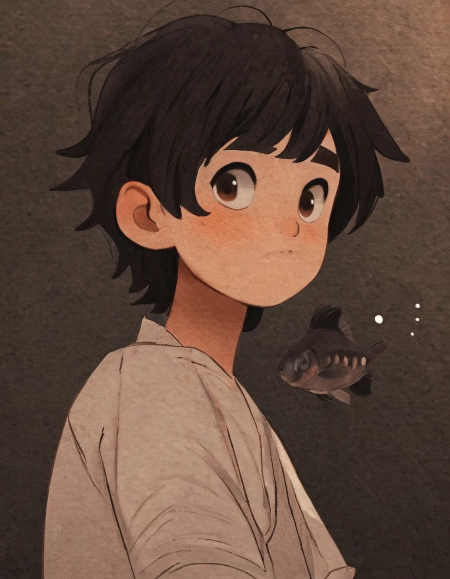 Nellie_Art style, 1 Boy, fish, Solitary, shirt, Brown eyes, white shirt, Short sleeve, short hair, Black Hair, Hairstyle, Upper Body, Looking at the audience, 