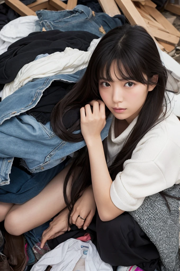A Japanese model woman is buried under a pile of used clothes.、The head is slightly visible