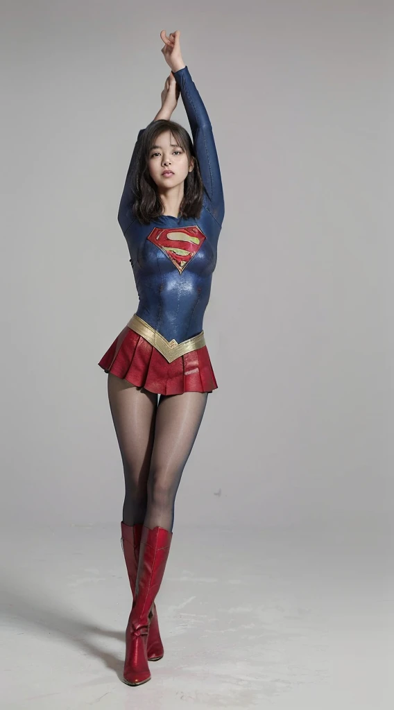 No background、extinct、She always has a troubled look on her face、Always close your eyes、Keep your arms up at all timesおく、Keep your arms up at all times、(((Beautiful legs in black tights.)))、(((Stretch your legs、expensive、あなたのsufferingを合法的に表現する)))、((((Make the most of your original images)))、(((Supergirl Costume)))、(((Beautiful short bob hair)))、(((suffering)))、(((Black tights legs、Wear red boots)))、((Best image quality、8K))、((Highest quality、8K、masterpiece:1.3))、(((Preserve background )))、Sharp focus:1.2、Beautiful woman with perfect figure:1.4、Slim Abs:1.2、Wet body:1.5、Highly detailed face and skin texture、8K