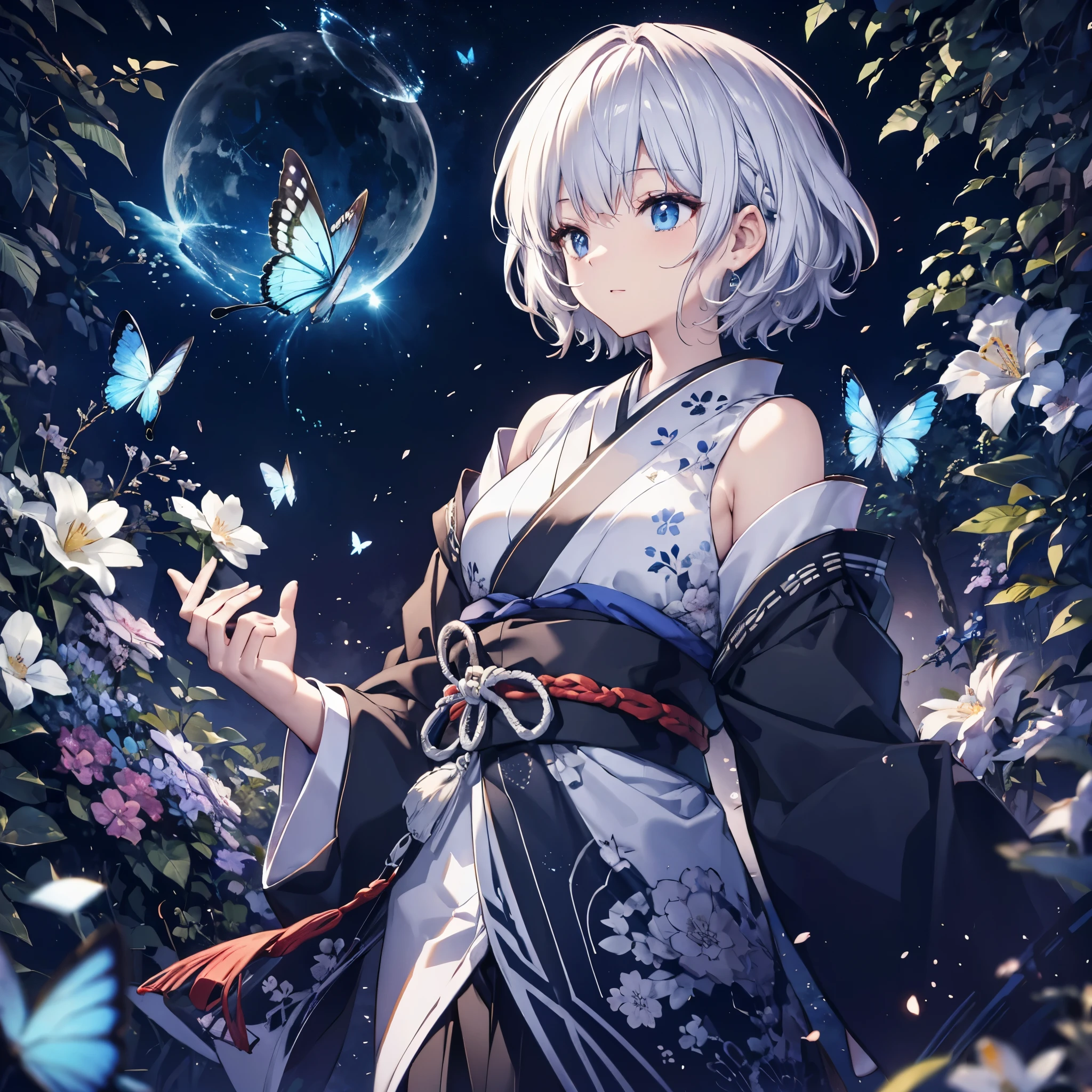 (((1 person)))　((High resolution　Gray Hair　short hair　Black kimono　Shoulder))　((Black Band　military commander　Lonely　despair　blue eyes))　((Blue Butterfly　night　Japanese style　old　Shining Aura　garden　water surface))　(dance　日本knife　knife　Slashing)　moon　star　Draw your sword　Slashing　Catch the wind　