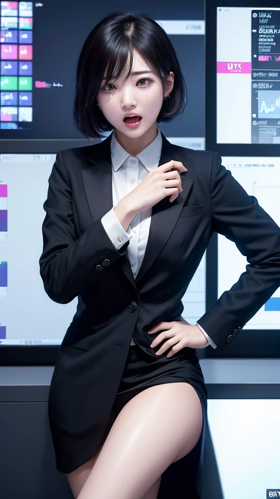 (ultra high definition, 8K, ultra high definition: 1.3),(stock market:1.2), Asian woman in her 20s, Beauty, short hair, stock exchange, bankruptcy, stocks fall,(despair:1.2), (scream: 1.3), One puppy, (tear: 1.3), dressed in suit