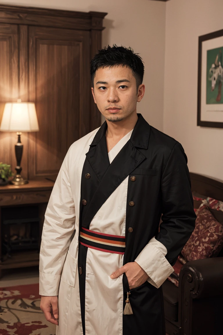 shot on leica, shadowplay, gorgeous lighting, subtle hues ,handsome Suguro Ryuji ,living room
