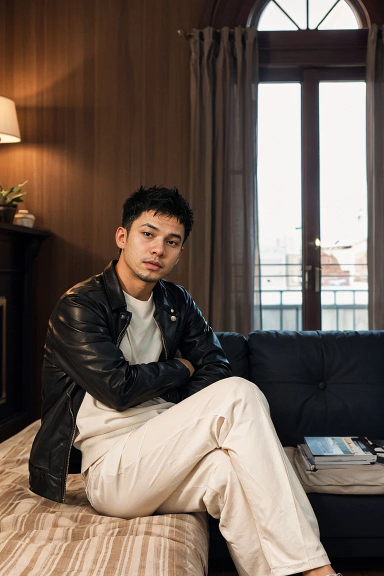 shot on leica, shadowplay, gorgeous lighting, subtle hues ,handsome Suguro Ryuji ,living room
