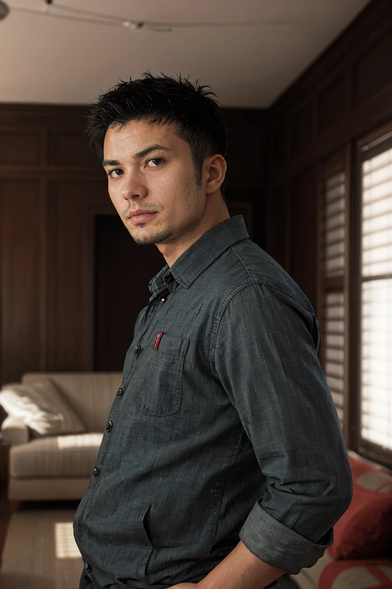 shot on leica, shadowplay, gorgeous lighting, subtle hues ,handsome Suguro Ryuji ,living room
