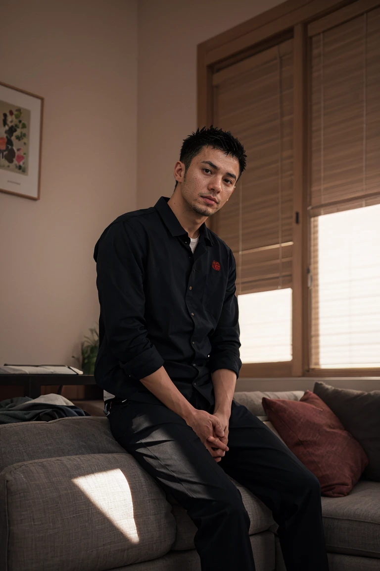 shot on leica, shadowplay, gorgeous lighting, subtle hues ,handsome Suguro Ryuji ,living room
