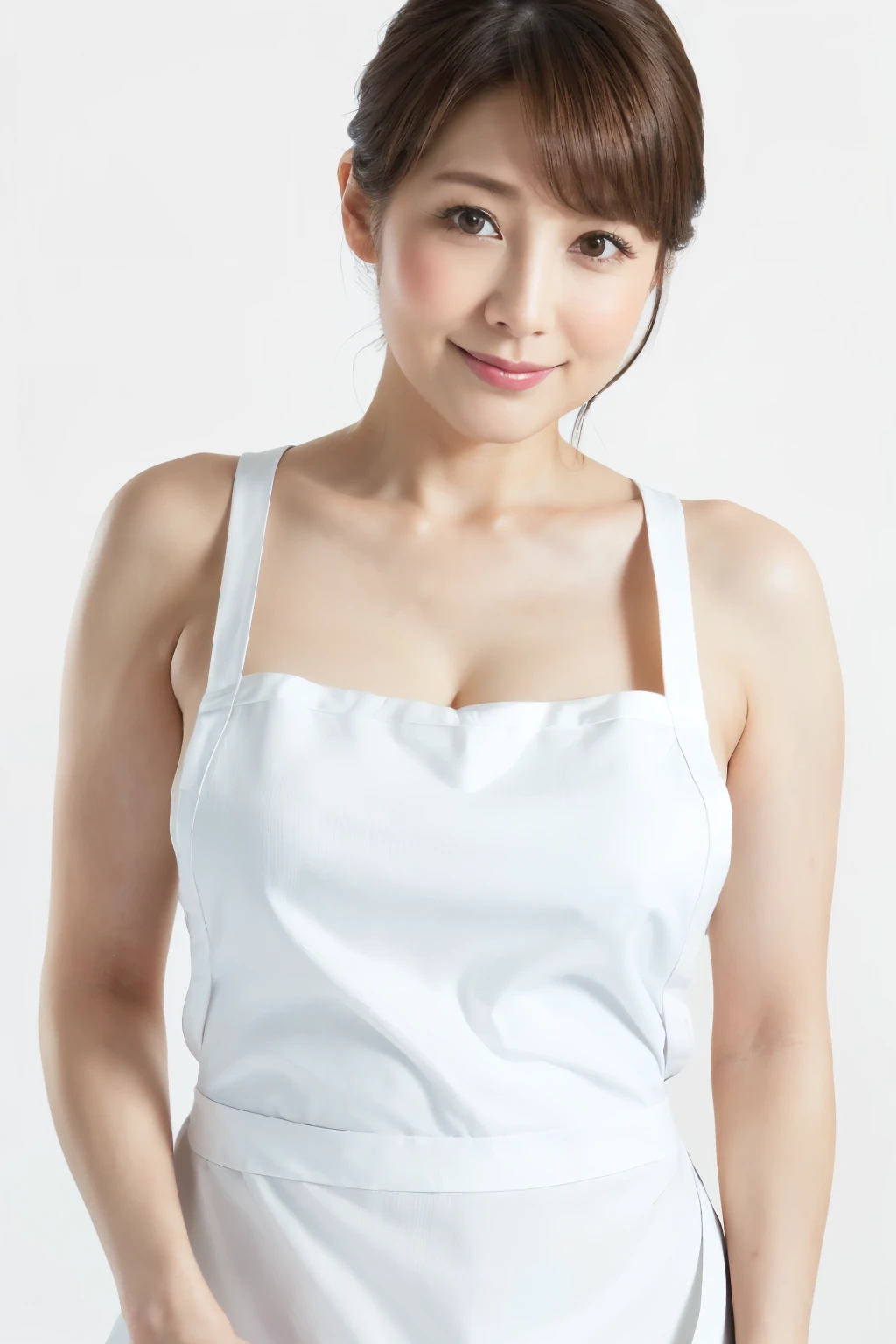 (Highest quality、Tabletop、8K、Best image quality、Award-winning works)、1 Beautiful Mature Woman、(Naked and apron:1.2)、(Perfect apron:1.3)、Perfect beauty portrait、Glowing Skin、Brown Hair、(Large Breasts:1.3)、(Accentuate your body lines:1.1)、Standing Elegantly、(Face close-up:1.3)、Woman looking up at me、Cute Smile、(The simplest solid white background:1.5)