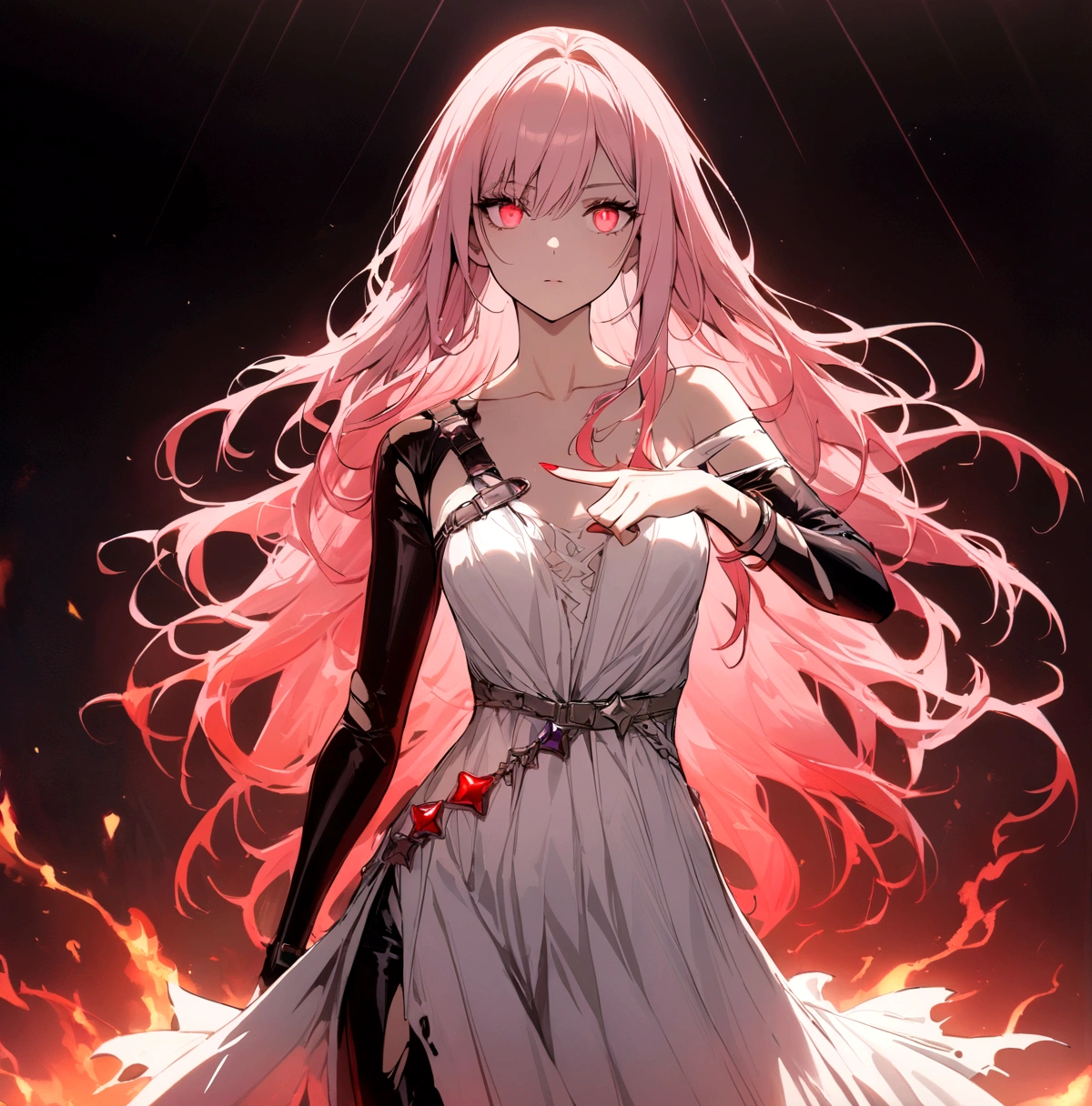 masterpiece, White glowing coral pink hair, long hair, glowing red eyes
Eyes, torn white shoulder strap dress, suspicious atmosphere, eerie,  small breasts, white skirt, thin body, Cool Beauty, red concentrated line background,  collarbone, red energy bullet, fire, starry star scloud colorful, arms, hands, peace sign, finger, nail, skin suit, ,