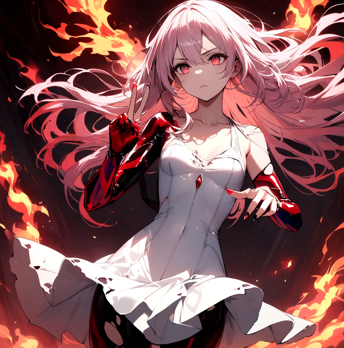 masterpiece, White glowing coral pink hair, long hair, glowing red eyes
Eyes, torn white shoulder strap dress, suspicious atmosphere, eerie, small breasts, white skirt, thin body, Cool Beauty, red concentrated line background, collarbone, red energy bullet, fire, starry star scloud colorful, arms, hands, peace sign, finger, nail, skin suit, ,