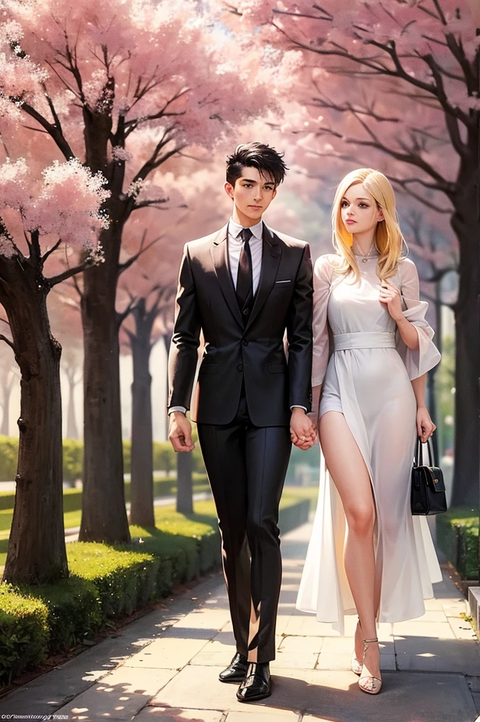 Make a watercolor illustration that depicts a serene and romantic scene.
Two people walk side by side in a park, surrounded by the delicate beauty of cherry blossom trees. The person is a blonde woman on the left is elegantly dressed in a long coat, and heels, complemented by a bag, suggesting a mix of sophistication and leisure. The individual on the right is a man, with dark skin and well-cut hair, with shaved sides, exudes formality in a suit, and carries a bag on her shoulder This image may evoke feelings of companionship or reflect on fashion style in an outdoor setting, offering viewers a glimpse into a moment of shared experience amidst the splendor of nature.
the couple is holding hands, and back