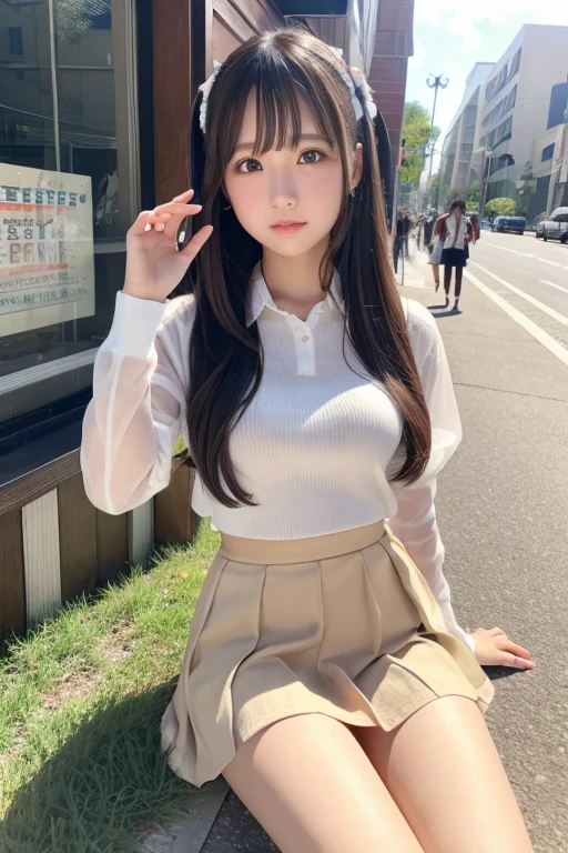 Cute Girls、Idol、high school girl、See-through、Beige mini skirt、sit