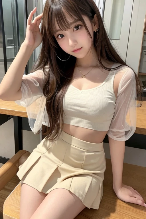 Cute Girls、Idol、high school girl、See-through、Beige mini skirt、sit