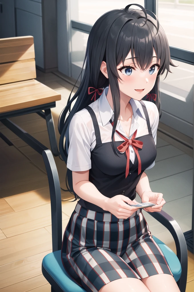 masterpiece, Highest quality, High resolution, aayukino, Long Hair, Ahoge, Hair Ribbon, clavicle, Neck ribbon, White shirt, Short sleeve, Checked skirt, Reaching out, smile, Open your mouth, amusement park, Sitting in a chair,She opens her legs and shows her panties.,Tie pants