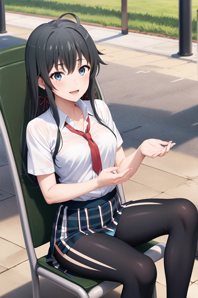 masterpiece, Highest quality, High resolution, aayukino, Long Hair, Ahoge, Hair Ribbon, clavicle, Neck ribbon, White shirt, Short sleeve, Checked skirt, Reaching out, smile, Open your mouth, amusement park, Sitting in a chair,She opens her legs and shows her panties.,Tie pants