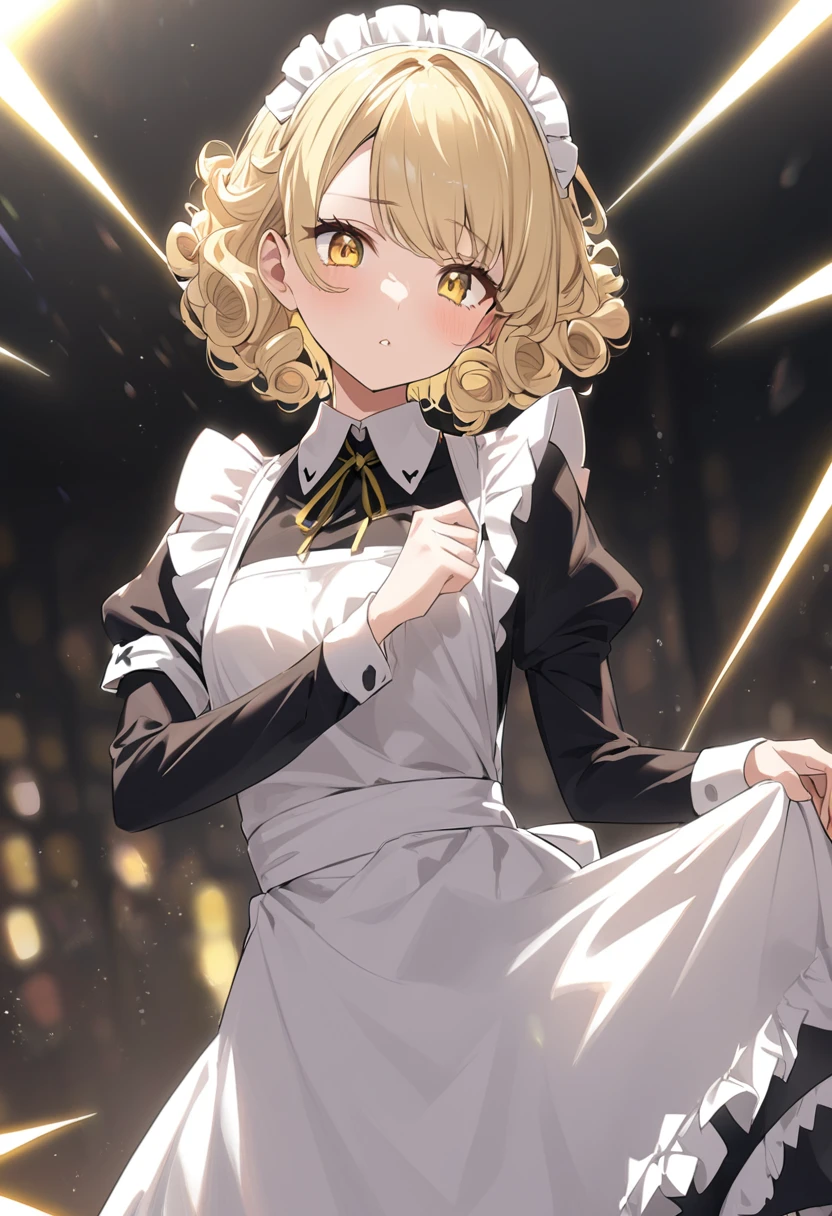 Blonde curly hair。It has slanted, yellow eyes.。She is shining。She is wearing a maid&#39;s uniform and holding onto her skirt with both hands.。