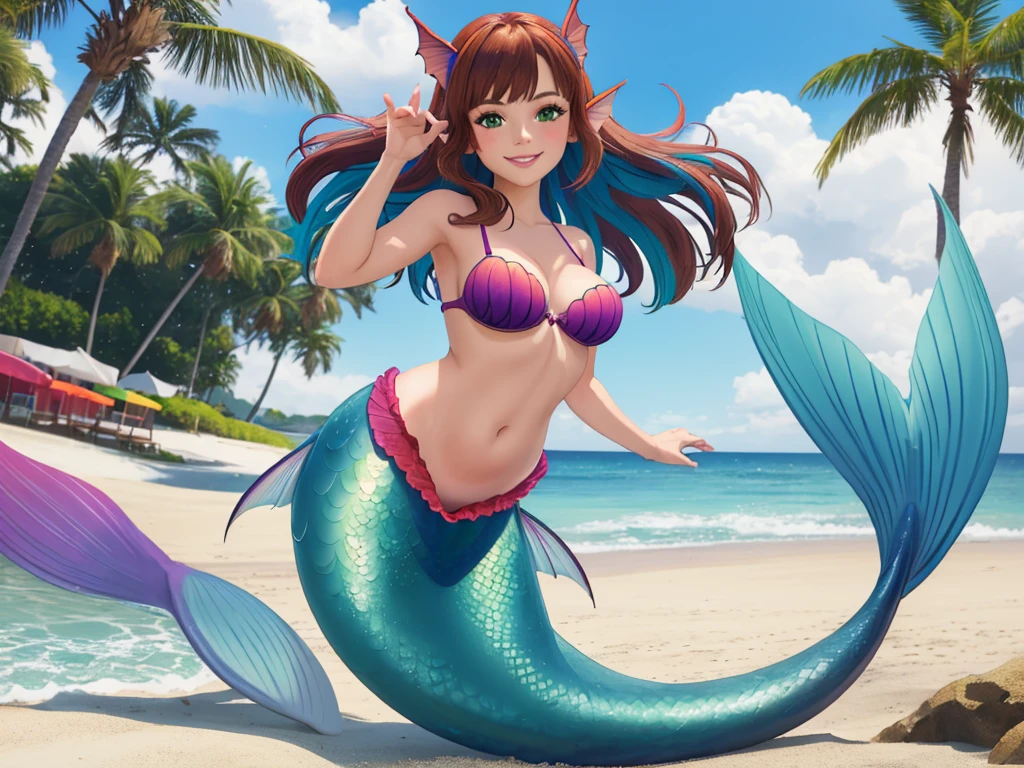 masterpiece, best quality:1.2), 1girl, smile, looking at viewer, green eyes, short brown multicolored hair, mermaid, mermaid girl, wearing purple seashell bra, laying on belly on beach, colorful mermaid tail, outdoors, head fins, fin ears