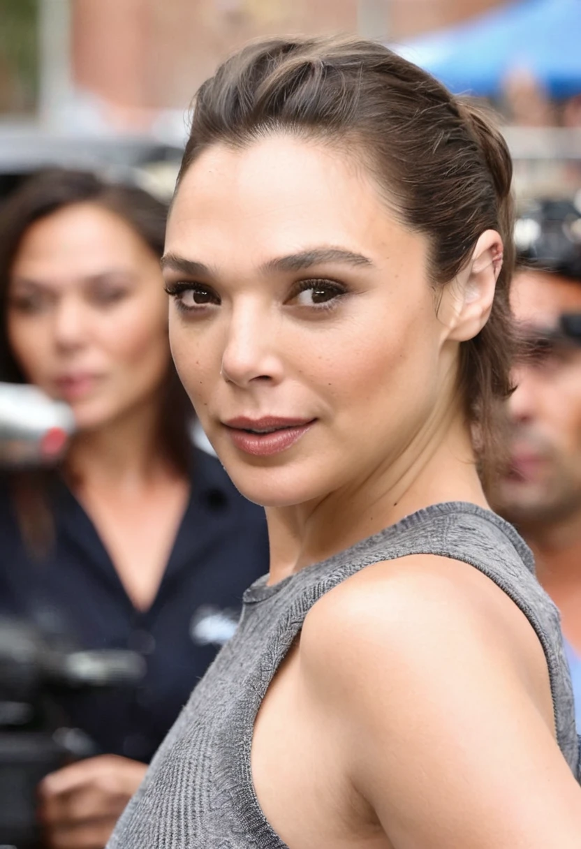 high quality Erotic paparazzi photograph (GalGadot , housewife , mother, ) random erotic photograph , she is wearing a sweaty, tight tshirt , random move ,seductive, tired woman , fit muscular woman (, depth of field, insanely detailed skin texture, extremely detailed face, hyper detailed features )