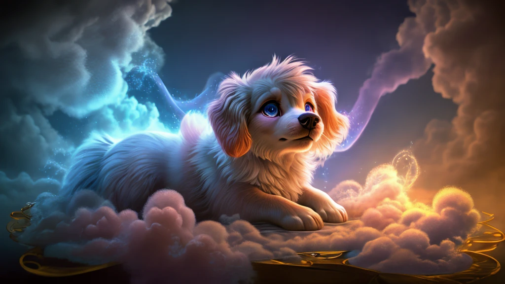 a magical and whimsical Whispoodle Small, fluffy dog with fur that looks like wisps of clouds.Features: Soft, pastel-colored fur and ears that float like clouds. .Features: Big, dreamy eyes that sparkle with curiosity.The overall lighting is gentle and diffused, adding to the serene and magical quality of the image  soft lighting creating a dreamy, magical atmosphere dreamy, magical