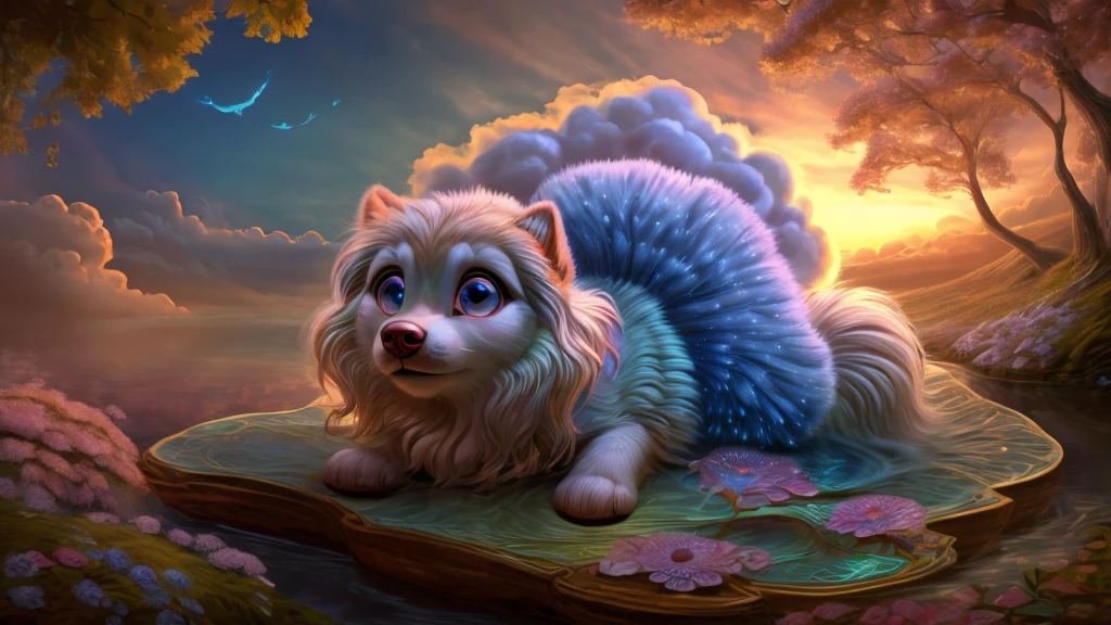 a magical and whimsical Whispoodle Small, fluffy dog with fur that looks like wisps of clouds.Features: Soft, pastel-colored fur and ears that float like clouds. .Features: Big, dreamy eyes that sparkle with curiosity.The overall lighting is gentle and diffused, adding to the serene and magical quality of the image  soft lighting creating a dreamy, magical atmosphere dreamy, magical