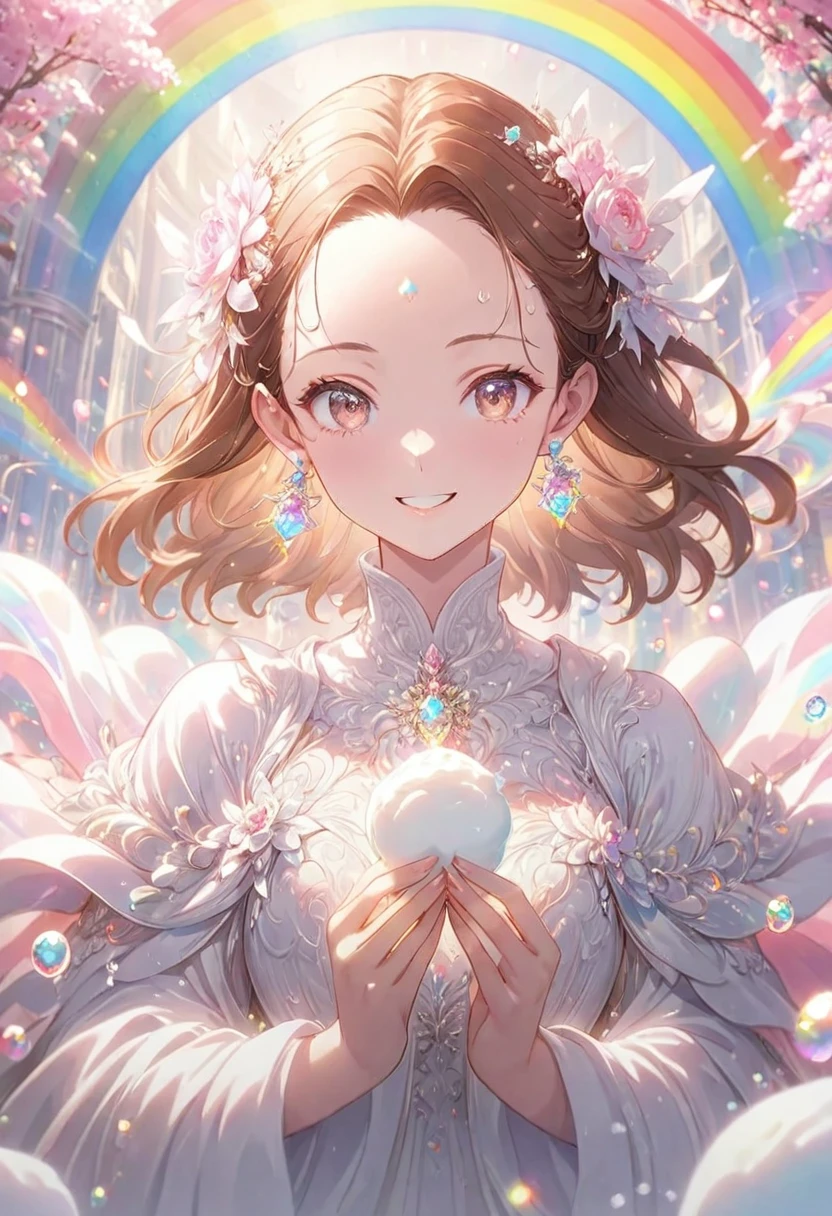  Very detailed,(((ultra detailed face))),best quality, 8k, (柔Light), Light, 1 lady, facing the camera,brown hair, ((forehead)),elegant, Comfortable, Clean and detailed anime art, Trending on artstart, rainbow colors, milky white, illuminate warmly, Soap, (pink and white theme),big smile,sanctuary