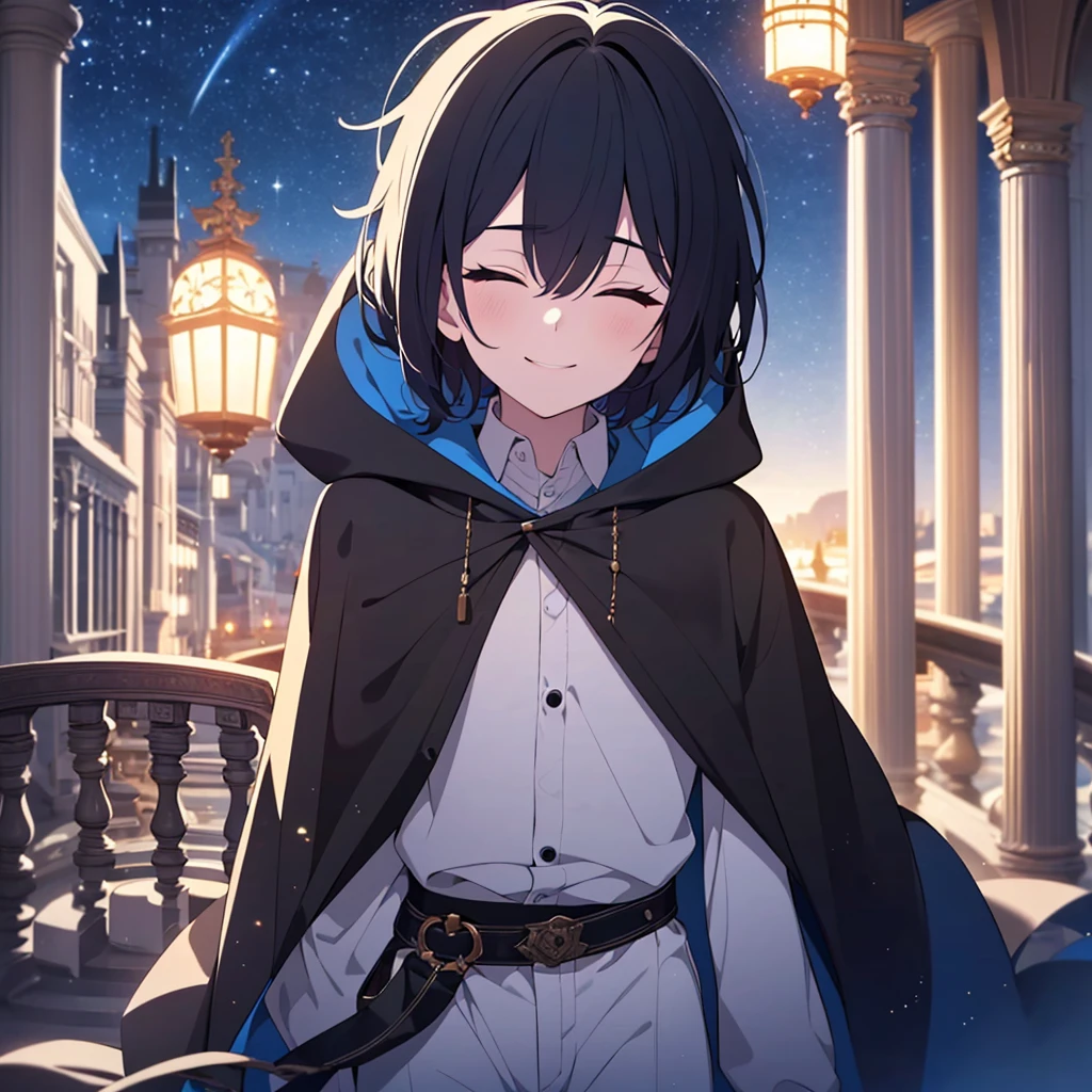 Look at the night sky, Boy with Closed Eyes, Wear long shirts and trousers, Black Short Hair, Wearing a long cloak, (highest quality,4K,8k,High resolution,masterpiece:1.2), Extremely detailed representation, Intricate details, Natural light, Warm colors, Soft Focus, Fantasy art, animation, Thin arms, 2D, smiling boy