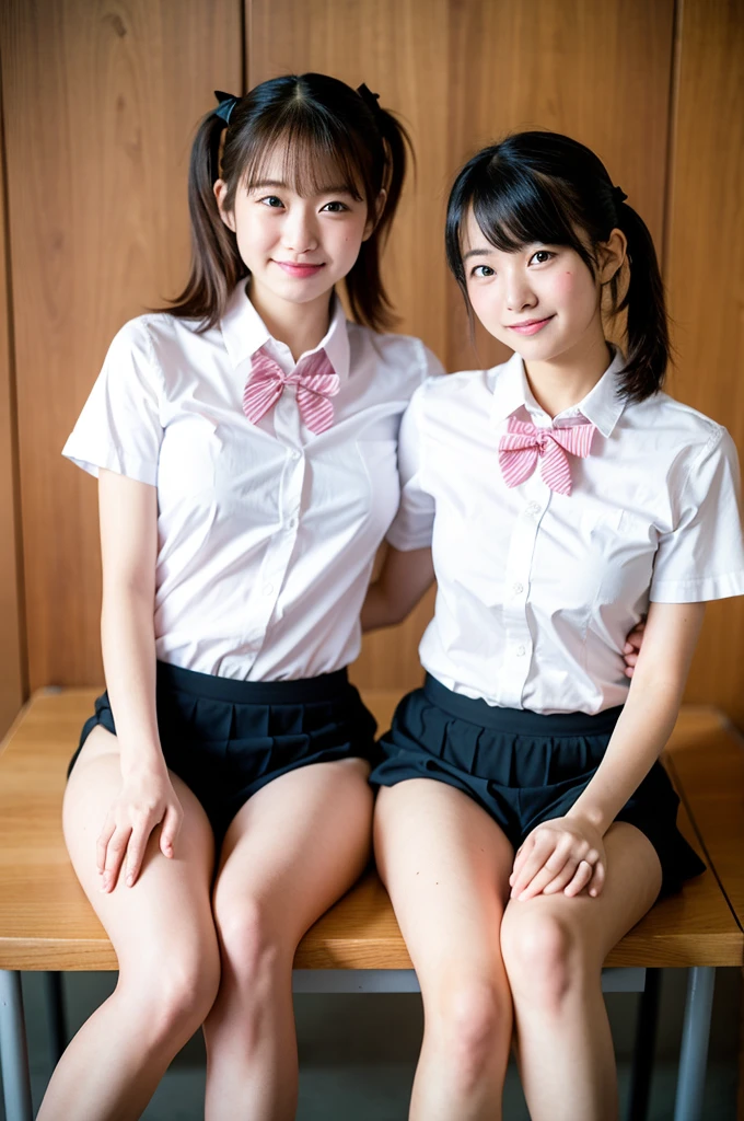 2 girls on desk in wooden school classroom,white shirt with pink bow tie,white thong,hands on crotch,18-year-old,bangs,a little smile,large bare thighs,knees,legs apart,short hair with low pigtails,from before,front light