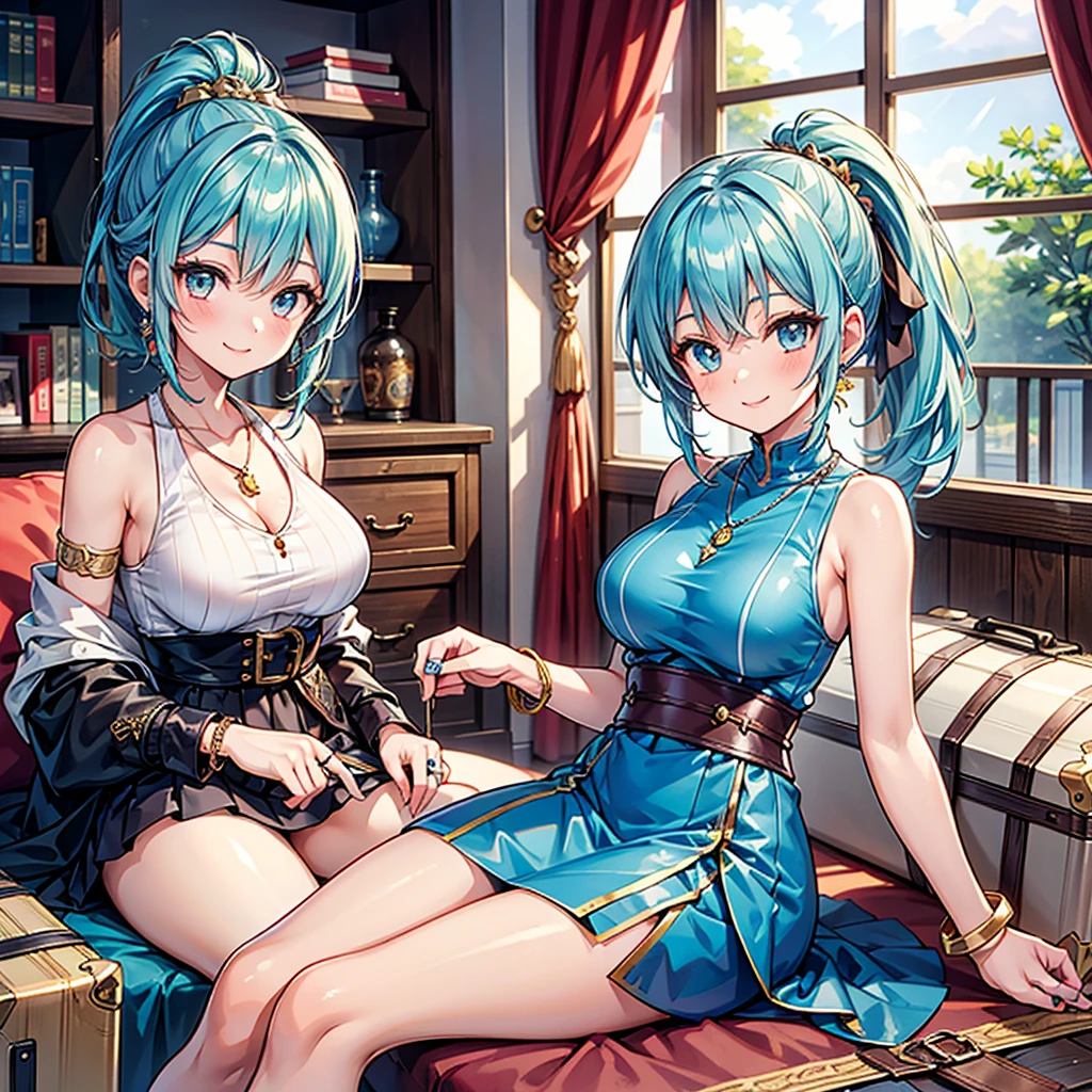 Anime Moe Art Style,Highest quality,High resolution,Anatomically correct,One Girl,Mid-teens,A girl with light blue hair in a ponytail,Super detailed,Fantasy World,Sleeveless blouse,mini skirt,Big Breasts,Shiny skin,Beautiful Skin,A rich expression,smile,A room in an inn,Checking luggage,sit,Eyes drawn in detail,hair ornaments,necklace,bracelet,ring,8K