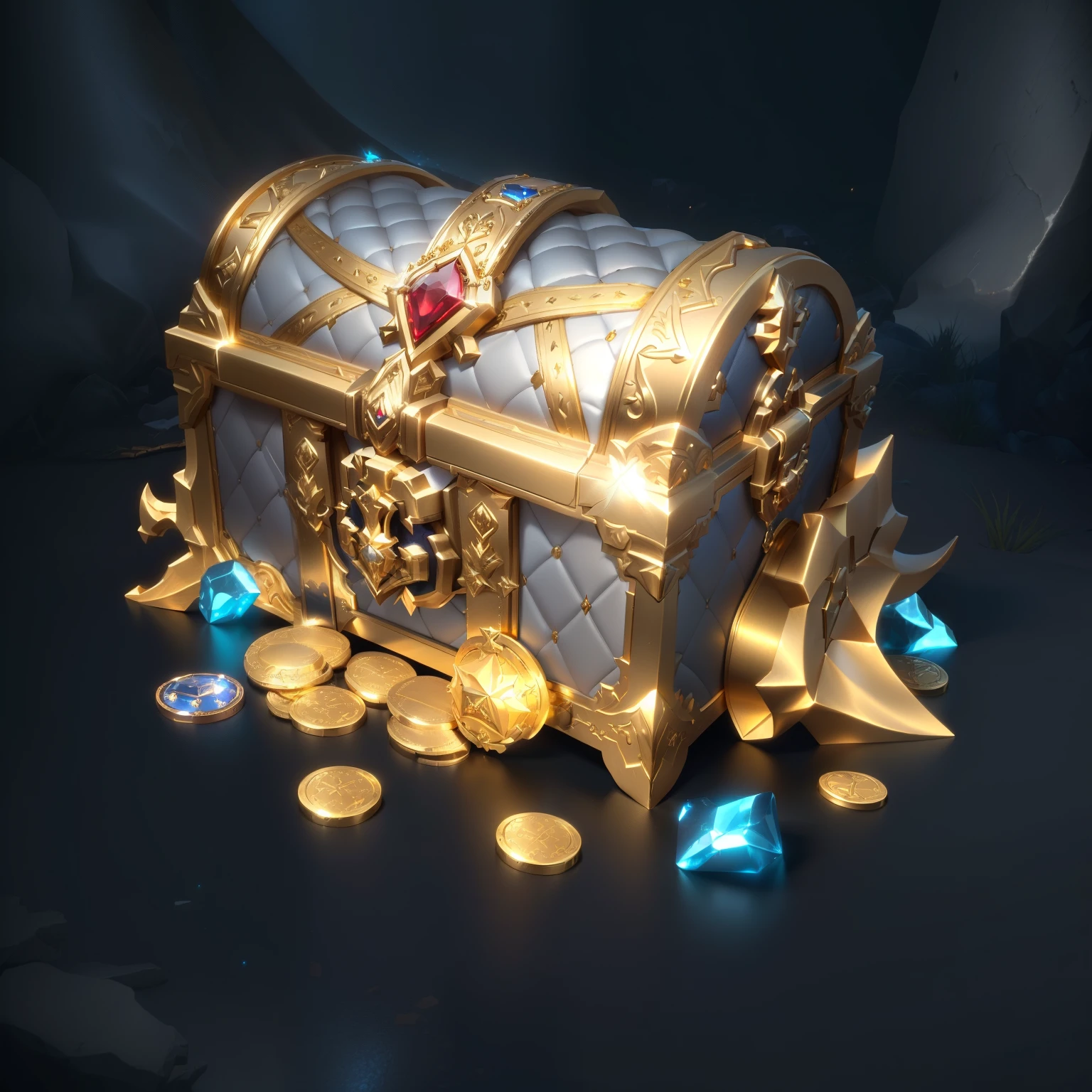 White leather treasure chest with gold metal trim and rubies，Loot Boxes, Treasure ，A small amount of gold coins and sapphires，Metallic luster，Game assets,  Treasure artifact, 3d icons for mobile games，Diablo concept style，