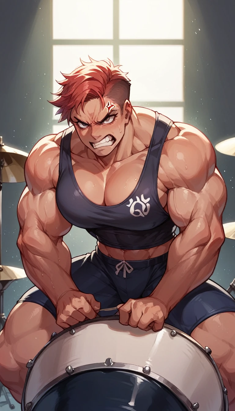 muscle woman play drums angry