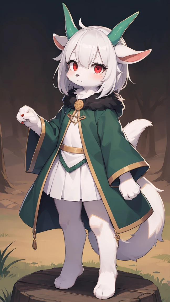 Rori the fox, riding on wolf, was hairy, shaggy, skin fur, smooth lashes, white fur, forelimb hands, straight long white hair, solid circle eyes, ((goat horns)), white facial fur, shiny hair, red eyes, super cute face, 1goat tail, fluffy tail, furry tail, glowing eyes, green cloak, white skirt, standing, sad face, ambient light, ultra-fine fur, dashed eyes, full body, masterpiece, high quality, high-details, best quality, wide short, (((solo)))