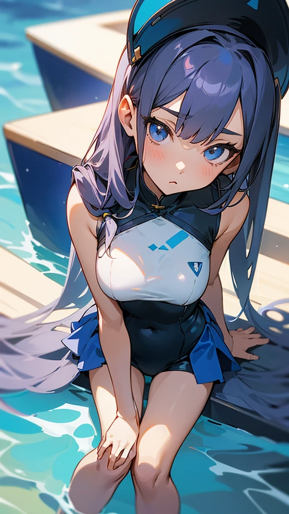 She is a and slender girl, 140cm tall, but her bust is large, and is three times the size of her waist.。Also, the girl is wearing a swimsuit with little space around her chest.、Baring her breasts。The girl is leaning forward with both her hands and feet on the floor.。 anime style girl