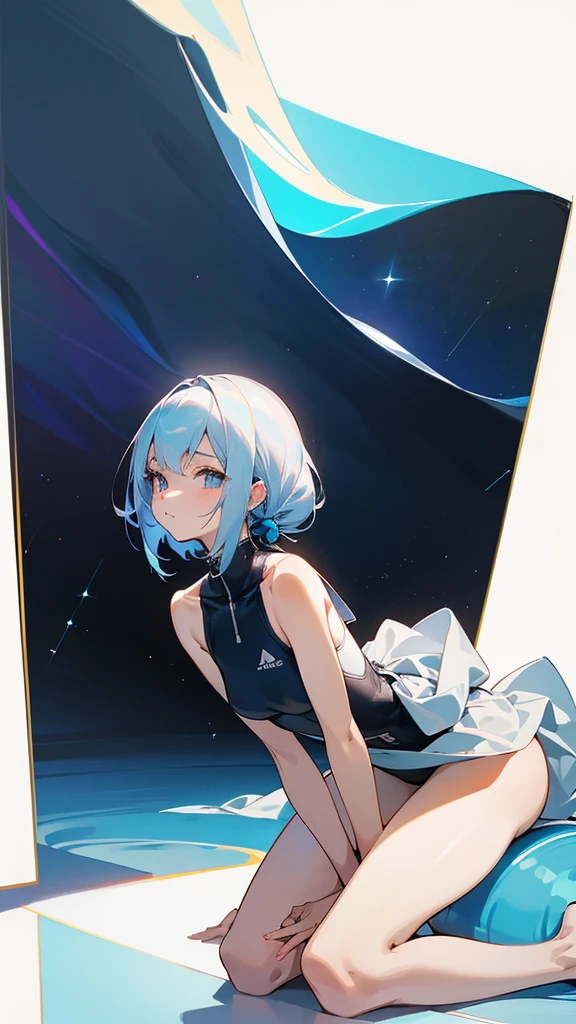 She is a and slender girl, 140cm tall, but her bust is large, and is three times the size of her waist.。Also, the girl is wearing a swimsuit with little space around her chest.、Baring her breasts。The girl is leaning forward with both her hands and feet on the floor.。 Elementary school anime style girl