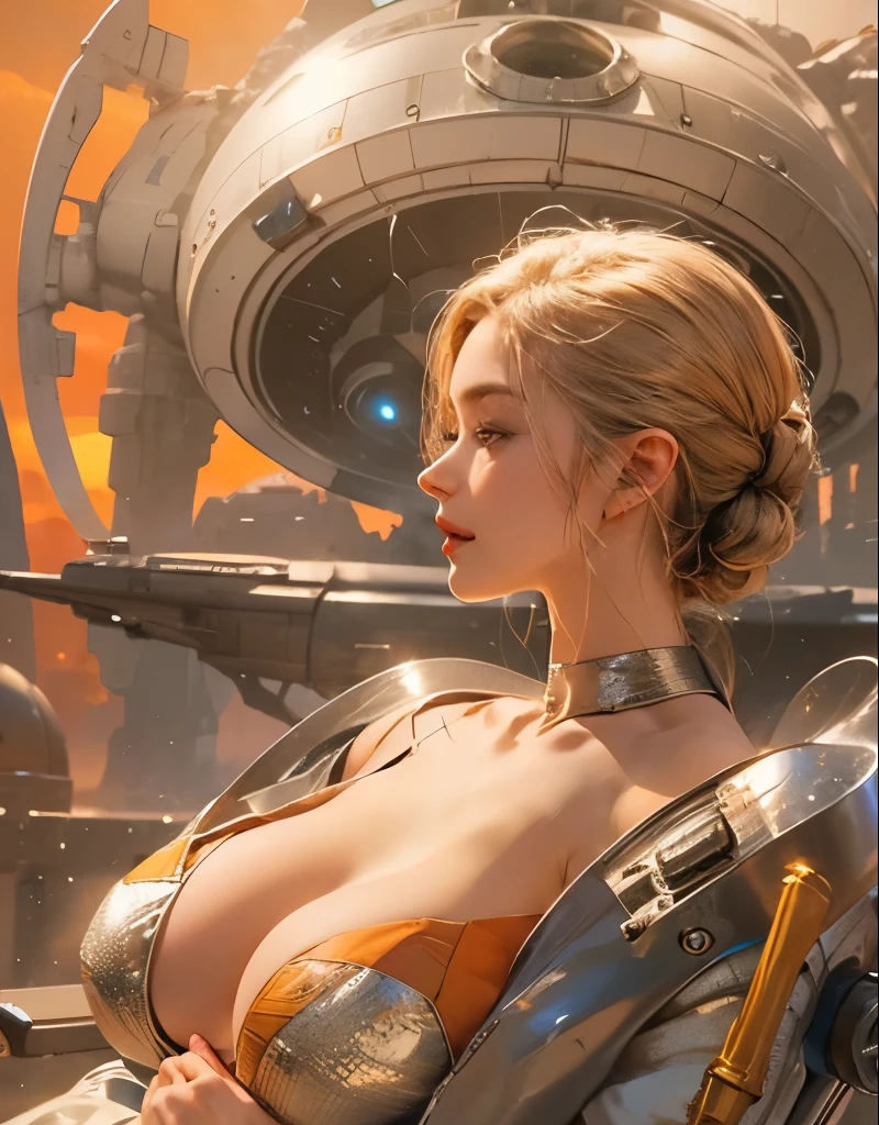 ((Unique portrait of 1 woman sitting outside comfortable enjoying tanning, wearing an ultra thin translucent sexy beige g string bikini with gorgeous muscular long legs)), ((silver, beige, brown, orange red)), ((ultra perfect flowing hairstyle)), (hips up), (((huge natural breasts with cleavage with beautiful hips))), ((perfect radiant skin color)), ((crowded background of peoplel)), (((cinematic day time and natural sunlight))), (((detailed spaceship background and incredibly sci-fi retro art masterpiece))), (((1:1 scale proportions))), ((science fiction)), ((pastel coloured spaceships)), (((ultra photorealistic realism with contrast))), ((Smooth curves, clean lines, streamlined, functional aesthetics, reflective surfaces, integrated lighting, giant floating spaceships, engraved spiritual motifs)), ((acrylic plastic motorcycle)), extraterrestrials, ((starwars)), (vintage space guns), coloured oval glass, ((desert city background))