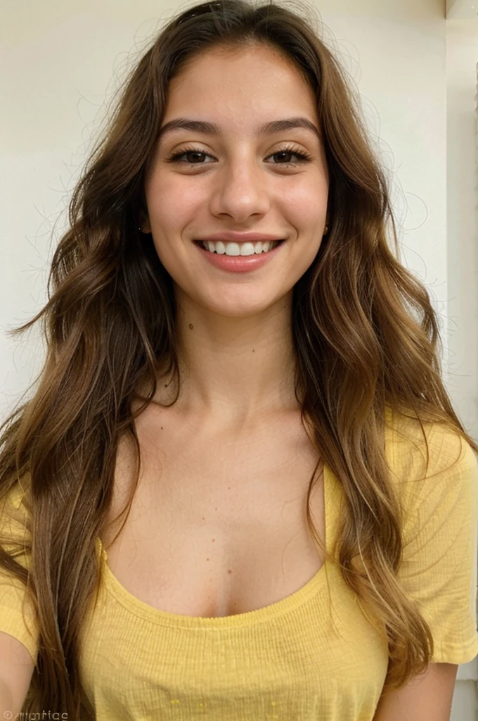 20YO, small nose, one women,attractive, Jordanian, Bright Yellow shirt, cute smile, cute face, white teethes, skinny face, light brown eyes, black/blonde long hair
