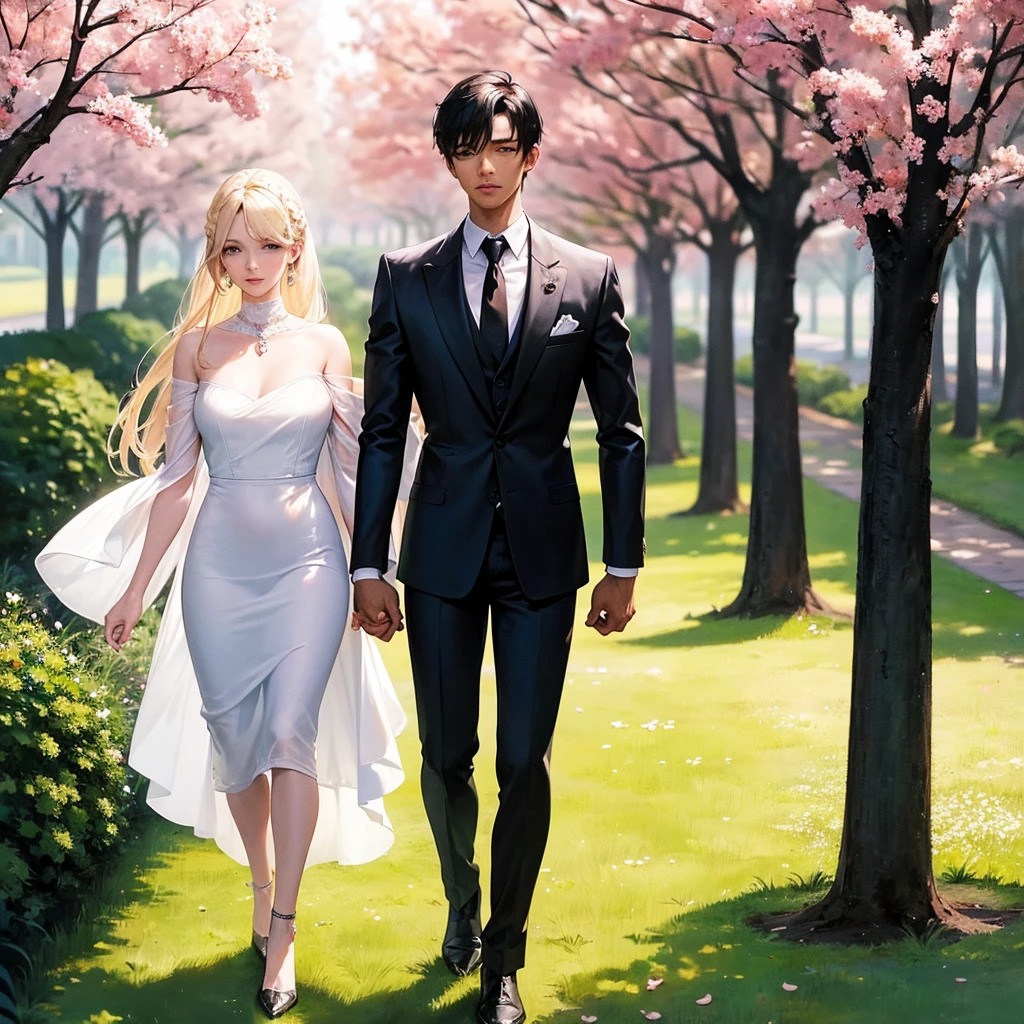 Make a watercolor illustration of the couple with their backs turned that depicts a serene and romantic scene.
Two people walk side by side in a park, surrounded by the delicate beauty of cherry blossom trees. The person is a blonde woman on the left is elegantly dressed in a long coat, and heels, complemented by a bag, suggesting a mix of sophistication and leisure. The individual on the right is a man, with dark skin and well-cut hair, with shaved sides, exudes formality in a suit, and carries a bag on her shoulder This image may evoke feelings of companionship or reflect on fashion style in an outdoor setting, offering viewers a glimpse into a moment of shared experience amidst the splendor of nature.
the couple is holding hands, and back