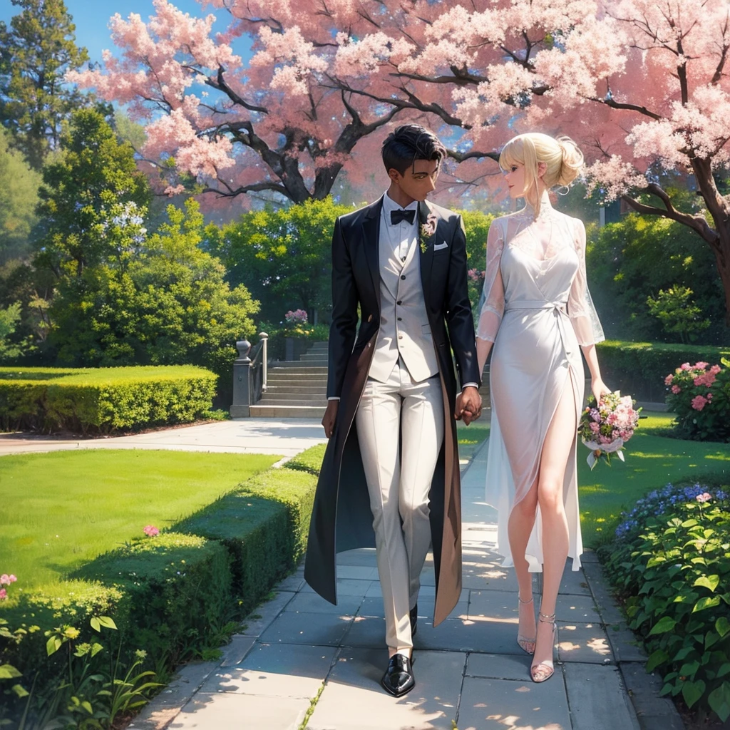 Make a watercolor illustration of the couple with their backs turned that depicts a serene and romantic scene.
Two people walk side by side in a park, surrounded by the delicate beauty of cherry blossom trees. The person is a blonde woman on the left is elegantly dressed in a long coat, and heels, complemented by a bag, suggesting a mix of sophistication and leisure. The individual on the right is a man, with dark skin and well-cut hair, with shaved sides, exudes formality in a suit, and carries a bag on her shoulder This image may evoke feelings of companionship or reflect on fashion style in an outdoor setting, offering viewers a glimpse into a moment of shared experience amidst the splendor of nature.
the couple is holding hands, and back