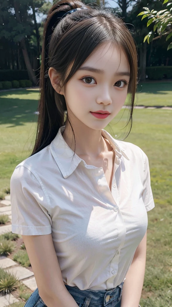 White collared shirt,jeans,Park,On the lawn,Close up face,One woman,masutepiece, The highest image quality, High quality, the background is clear,Beautiful woman, Japanese,Ultra-detailed, finely detail, hight resolution, 8K Wallpaper, Perfect dynamic composition, Beautiful detailed eyes , Detailed, Detailed eyes, Detailed skin, Beautiful skin, 超hight resolution, (reality: 1.4),Very beautiful woman, Slightly younger face, Beautiful skin, slender, (Ultra photo realsisim), (hight resolution), (8K), (Very detailed) (beautifully detailed eyes), (super detailed), (Detailed face), view the viewer, Fine details, Detailed face, Staring straight ahead, Staring straight ahead, photos realistic, Bright lighting, Professional Lighting, Black hair,poneyTail,a baby face,fourteen years old,Hairstyle: ponytail,Long ponytail hairstyle,slight smile,neat and tidy clothing,Beautiful Japanese KPOP idol photo, hair style is ponytail, my eyes are double and wide, baby face, smile and look straight ahead, slender, small breasts,Close up face,