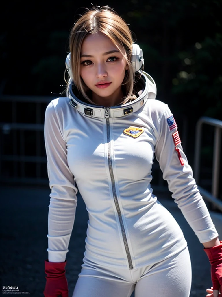 Close-up of a woman in a white suit with red gloves, Portrait Astronaut Girl, Armored astronaut girl portrait, Sleek digital concept art, Kschaert Krentz Key Art Feminine, SF Women, girl in space, Smooth Art, Wearing a space suit, Vojtek Fuss, Lostrun 8k, Inspired by Krenz Kuszat、((smile))、(((Open Stance)))