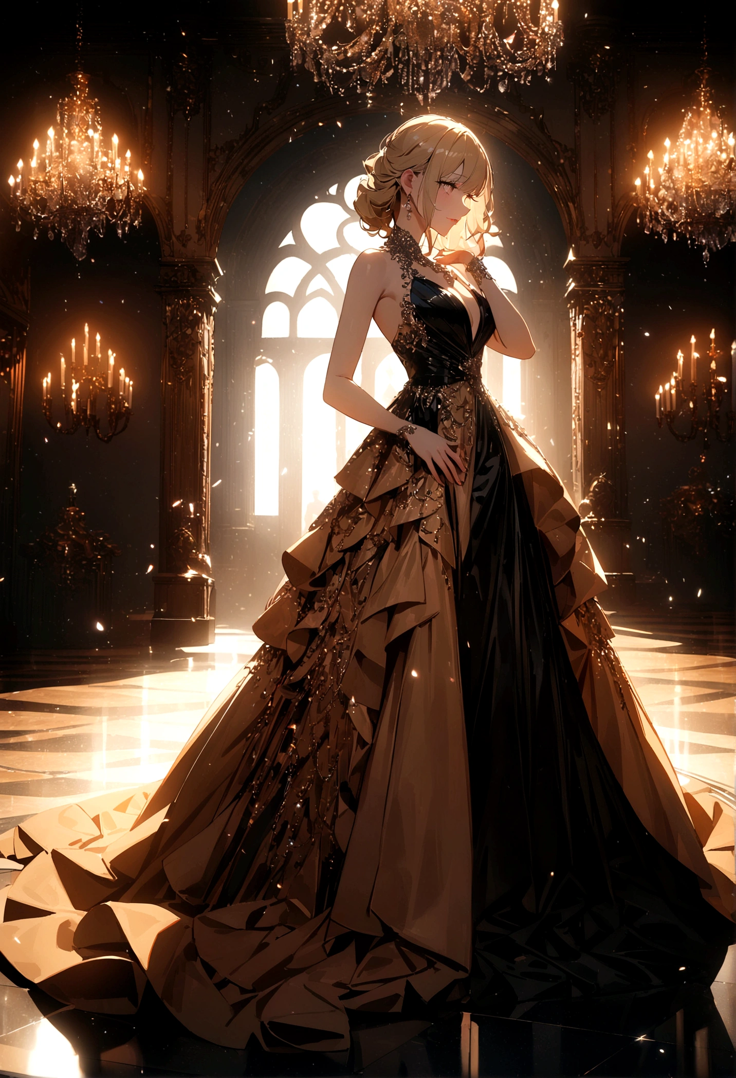1girl, a beautiful woman wearing a elegant evening dress, Evening Dress, detailed face, detailed eyes, detailed lips, long eyelashes, wavy blonde hair, standing in an ornate ballroom, dramatic lighting, cinematic composition, intricate dress details, luxurious fabrics, flowing dress, glittering jewelry, chandelier, high ceilings, parquet floor, (4k,8k,highres:1.2), ultra-detailed, cinematic lighting, dramatic shadows, warm color tones, rich textures, couture fashion, high fashion photography, masterpiece, best quality, very aesthetic, absurdres