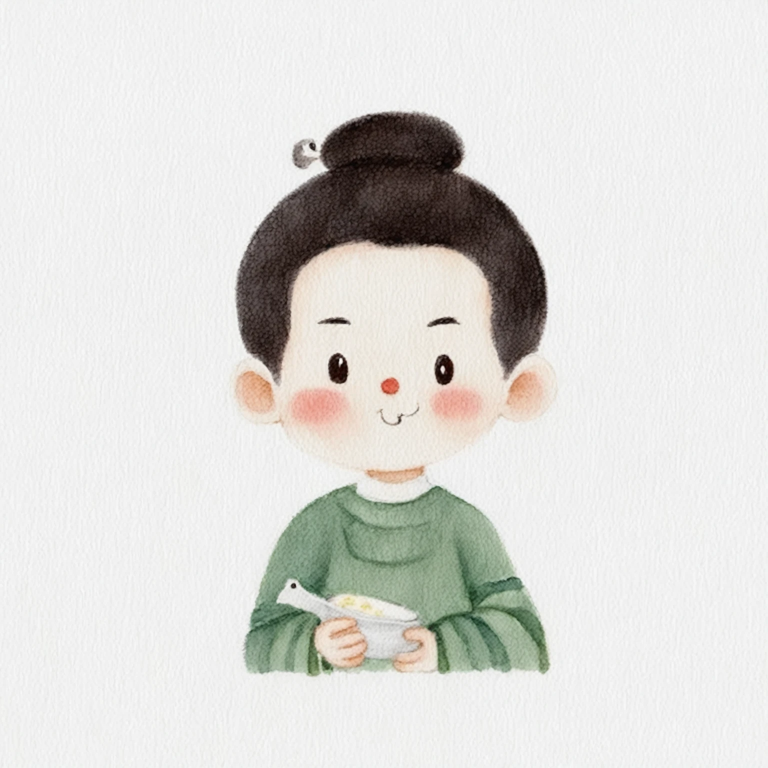 There was a little boy holding a plate of food, Cute illustrations, Cute cartoon characters, Lovely characters, Watercolor illustration style, Portrait of a little person, High-quality character design, Hand drawn cartoon art style, author:Xia Gui, Lovely art style, Lovely and detailed digital art, Chinese watercolor style, High quality portrait, Children's illustrations