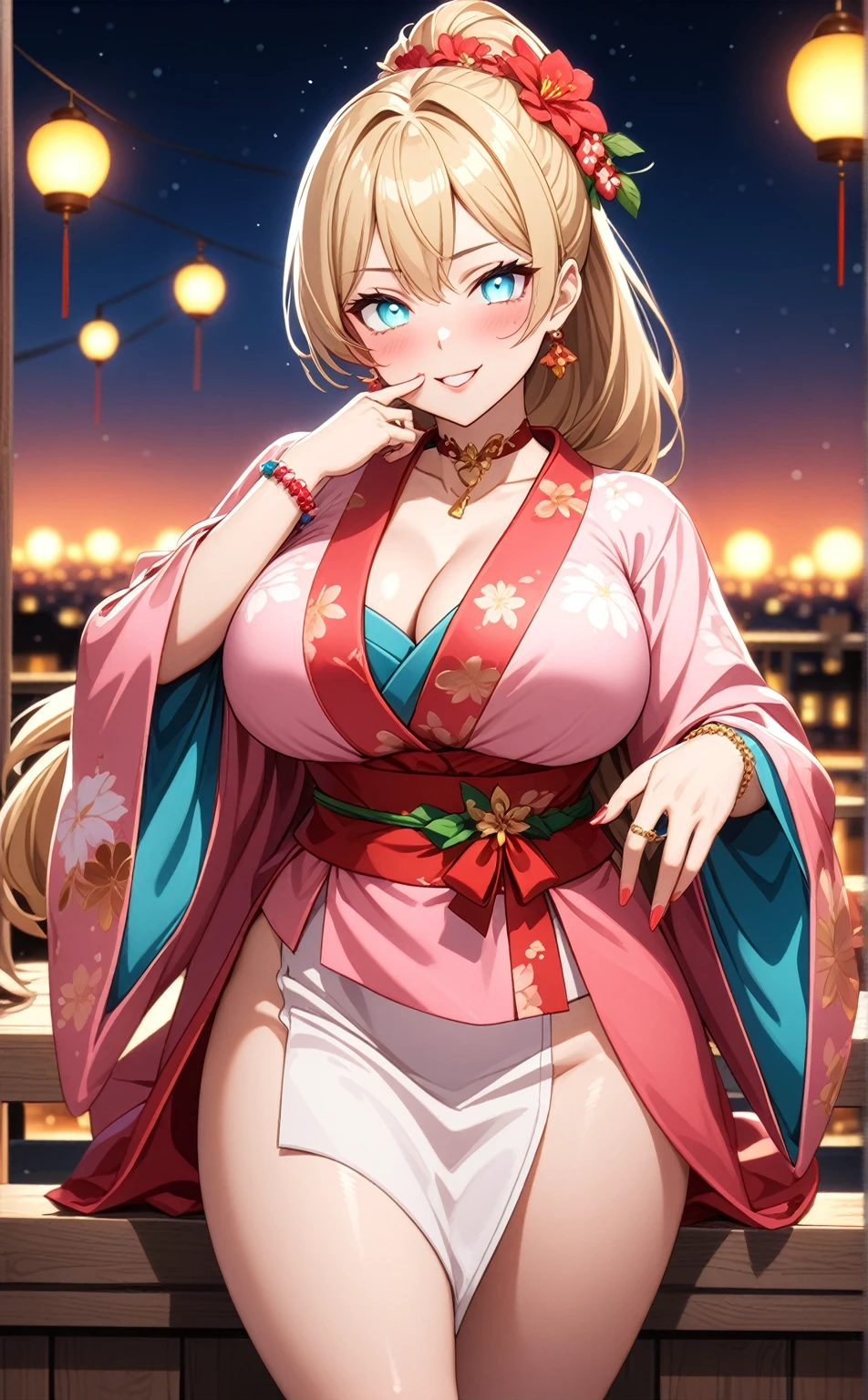 ((One personの女性)), Beautiful Face, face focus,Laughing embarrassedly,((Wink:1.5)), (tongue out),((Red cheeks:1.4)),Glossy pink lips,(finger to mouth),night,rooftop,Festive decorations,You can see the ocean, firework,((Anime style background)),masterpiece, Highest quality, so beautiful, Latest, Complex details, (Pink long nails),(ring),(flower bracelet),Floral choker,AI-generated,High resolution, Highest quality, super high quality,3D Images、View your viewers、3D Images,One person,Long blonde hair,High Ponytail,Turquoise Eyes,Anime woman posing for a photo, (Fine grain, gradient eyes, glowing eyes :1.4),(Squint your eyes:1.1),a hyperRealistic , hyperRealistic , Realistic,Blonde anime woman with long hair, Smooth anime CG art, A woman in a colorful kimono with gold embroidery, (Pink long sleeve kimono),Red floral pattern,Long flower hair ornament,Large floral earrings,(ring),(Big Breasts:1.1),Mature Body,Tall,Big Ass,Narrow waist,Abdominal muscles,(Zoom in on face:2.0),(Photographed from the front)