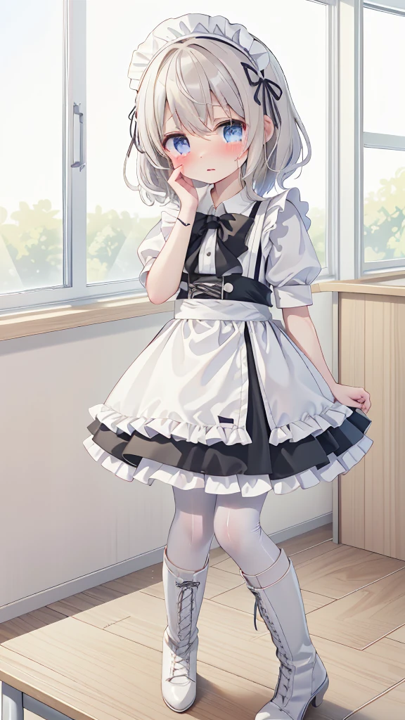深色短发girl,Shy,blush,Maid costume,Black boots,classroom场景,For the audience,,White pantyhose,blush害羞,classroom scene,girl,,((absurd)), ((on the table)), (best quality), (lens flare), (Very detailed), (Fair), ((cute girl)), solitary, Fair face, White skin, on the table, (: 1.3), , 、A girl goes to the toilet、 eternal, cry, Close your eyes, Tears flow from the eyes, The embarrassment comes from, blush), (girl is peeing: 1.2),, Look away, sit, Awkward, blush, Mouth slightly open, classroom (girl leaking urine): 1.5)