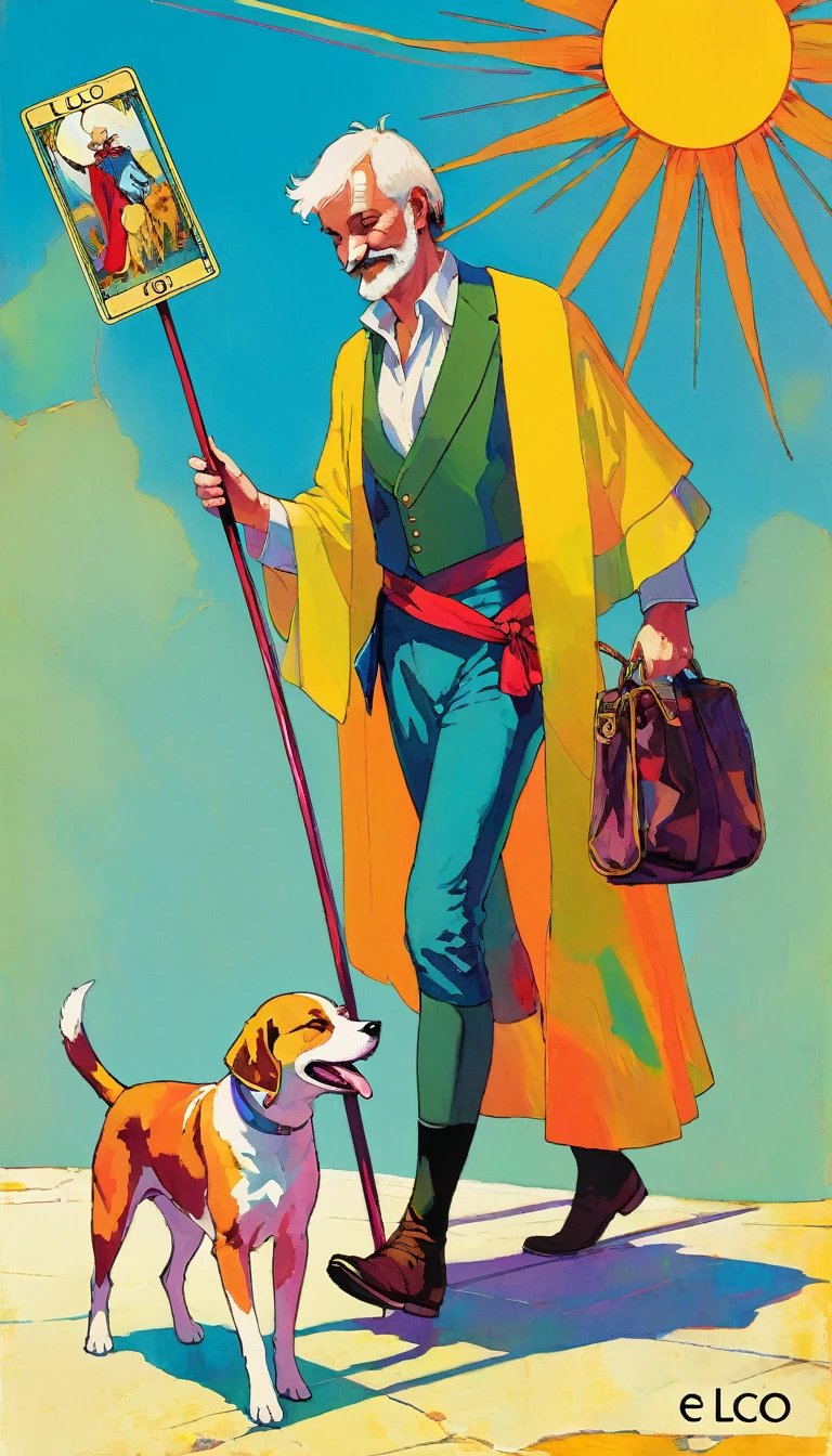 tarot card, the fool, happy man next to a dog walks with a bag tied to a stick, bright sun, tarot card frames ((text on card: "EL LOCO")) (art inspired by Bill Sienkiewicz). bright colors, oil painting)