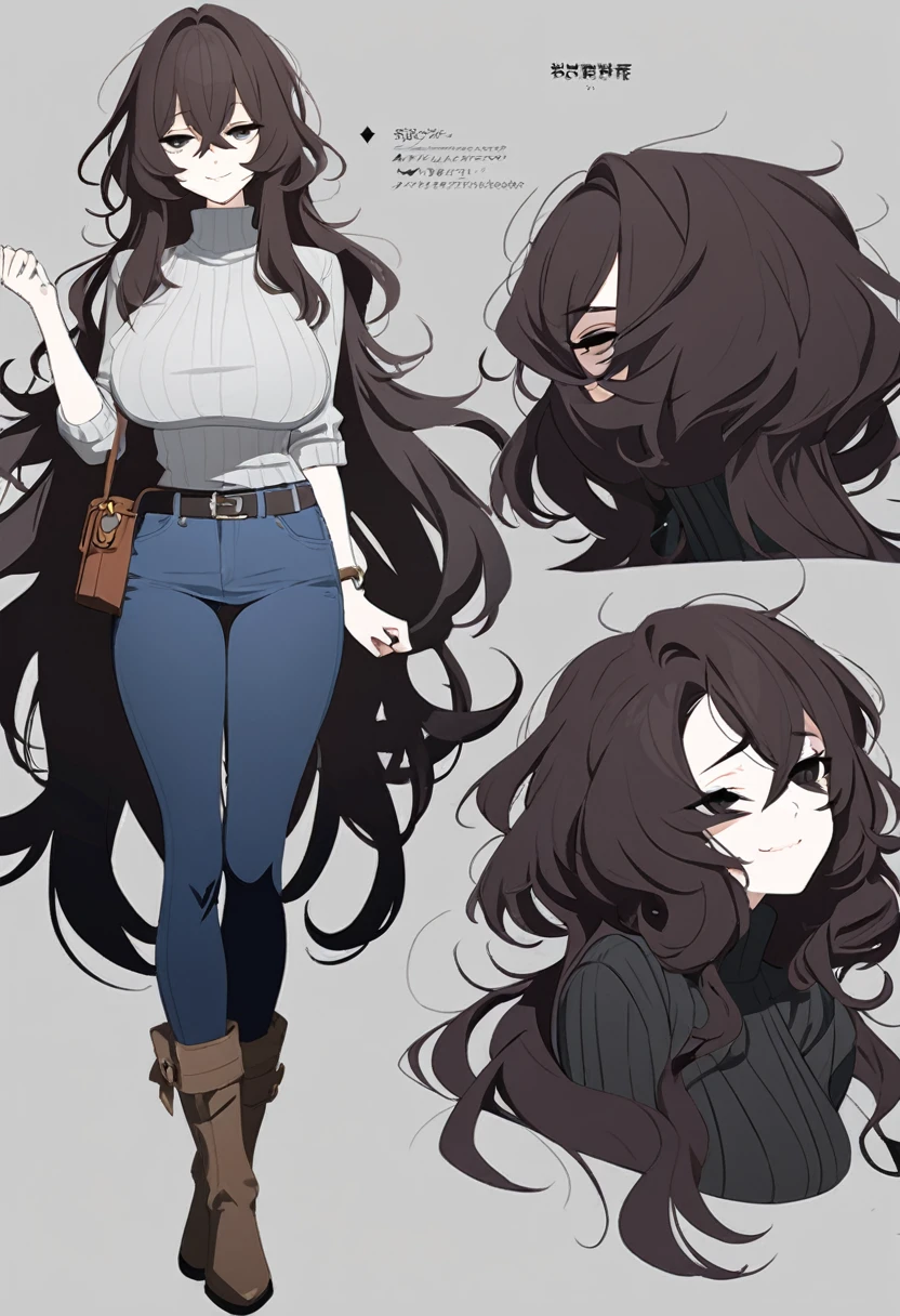 One Woman,Downer,older sister,Concept Art,Dark brown hair,Straight hair with slight inward curls,Staring eyes,Eye Ridge,black eye,Crossed bangs,whole body,smile,Larger breasts,Gray background,Bangs that reach down to the eyes,Messy hair,Tight dark jeans,Gray turtleneck sweater,Multiple views of the same character,Character Design,Dark circles under the eyes,Bad look,Listless,Sloppy,Silver Jewelry,Cafe staff,whole bodyCharacter Design,Detailed hands,Height: 170cm,boots,