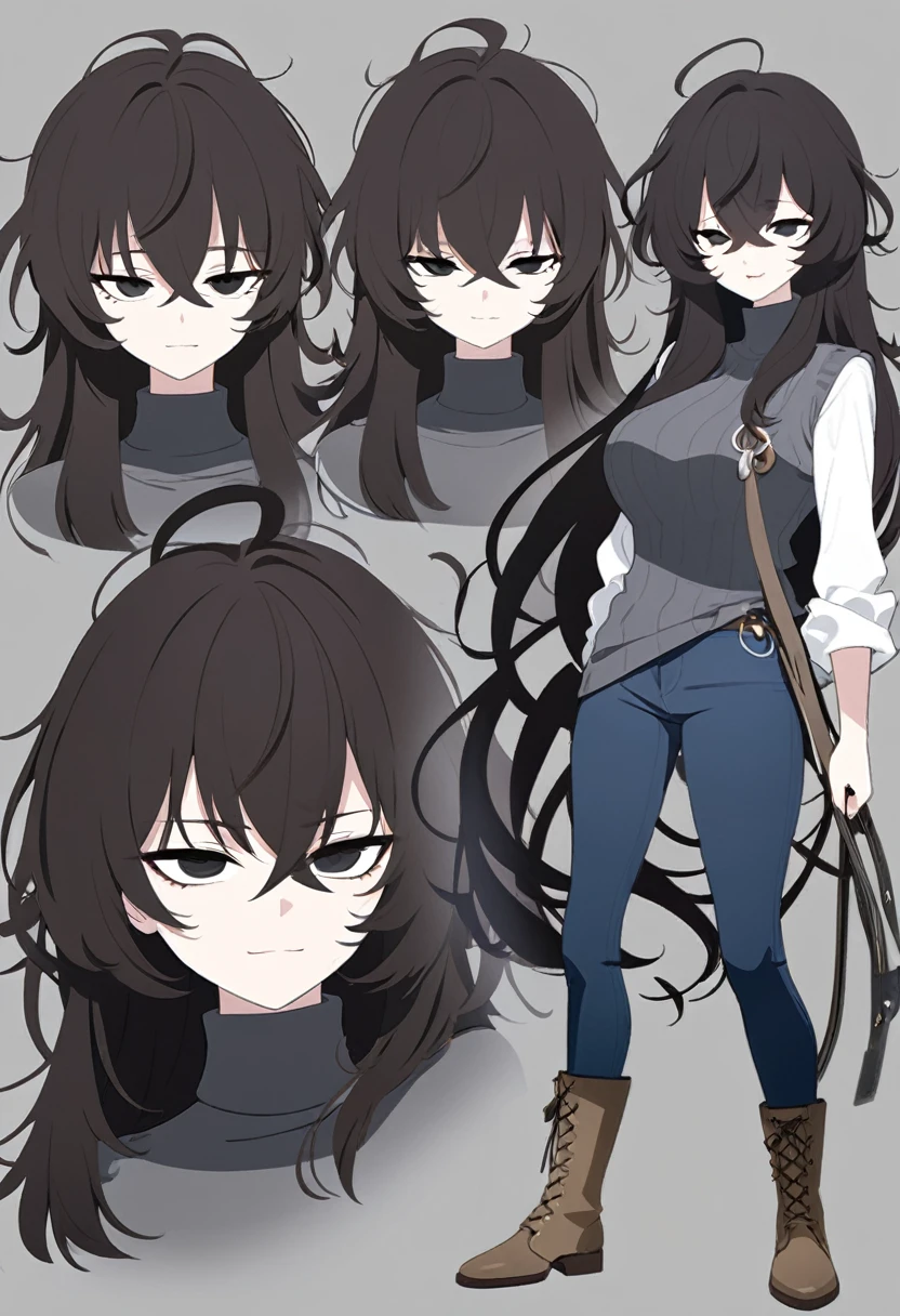 One Woman,Downer,older sister,Concept Art,Dark brown hair,Straight hair with slight inward curls,Staring eyes,Eye Ridge,black eye,Crossed bangs,whole body,smile,Larger breasts,Gray background,Bangs that reach down to the eyes,Messy hair,Tight dark jeans,Gray turtleneck sweater,Multiple views of the same character,Character Design,Dark circles under the eyes,Bad look,Listless,Sloppy,Silver Jewelry,Cafe staff,whole bodyCharacter Design,Detailed hands,Height: 170cm,boots,