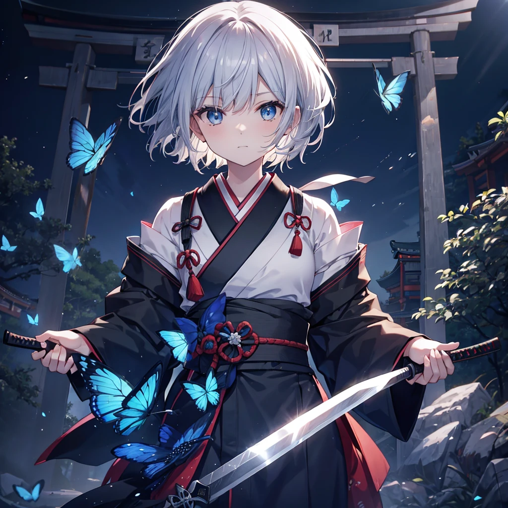 (((1 person))) ((High resolution Gray Hair short hair Black kimono Shoulder knifeを構える)) ((Black Band samurai Lonely despair blue eyes)) ((Blue Butterfly night Japanese style old Shining Aura garden shrine torii Catch the wind)) (dance 日本knife knife Slashing) moonlight star Draw your sword Shining Background Shining Edge