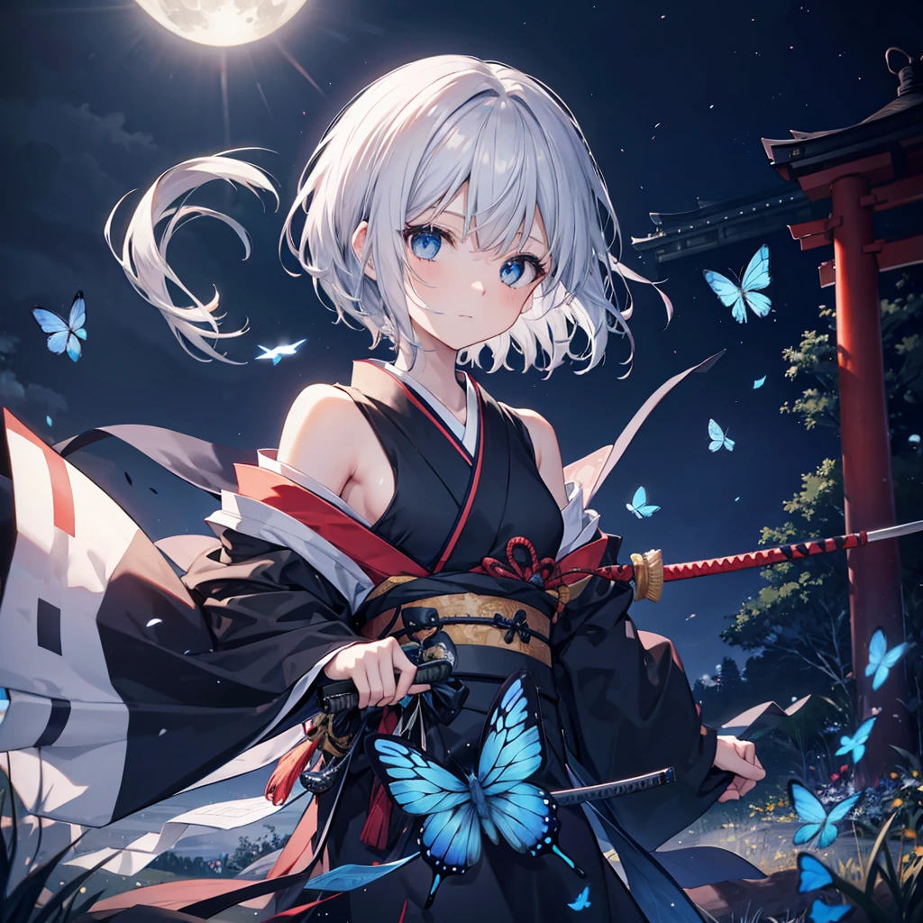 (((1 person))) ((High resolution Gray Hair short hair Black kimono Shoulder knifeを構える)) ((Black Band samurai Lonely despair blue eyes)) ((Blue Butterfly night Japanese style old Shining Aura garden shrine torii Catch the wind)) (dance 日本knife knife Slashing) moonlight star Draw your sword Shining Background Shining Edge