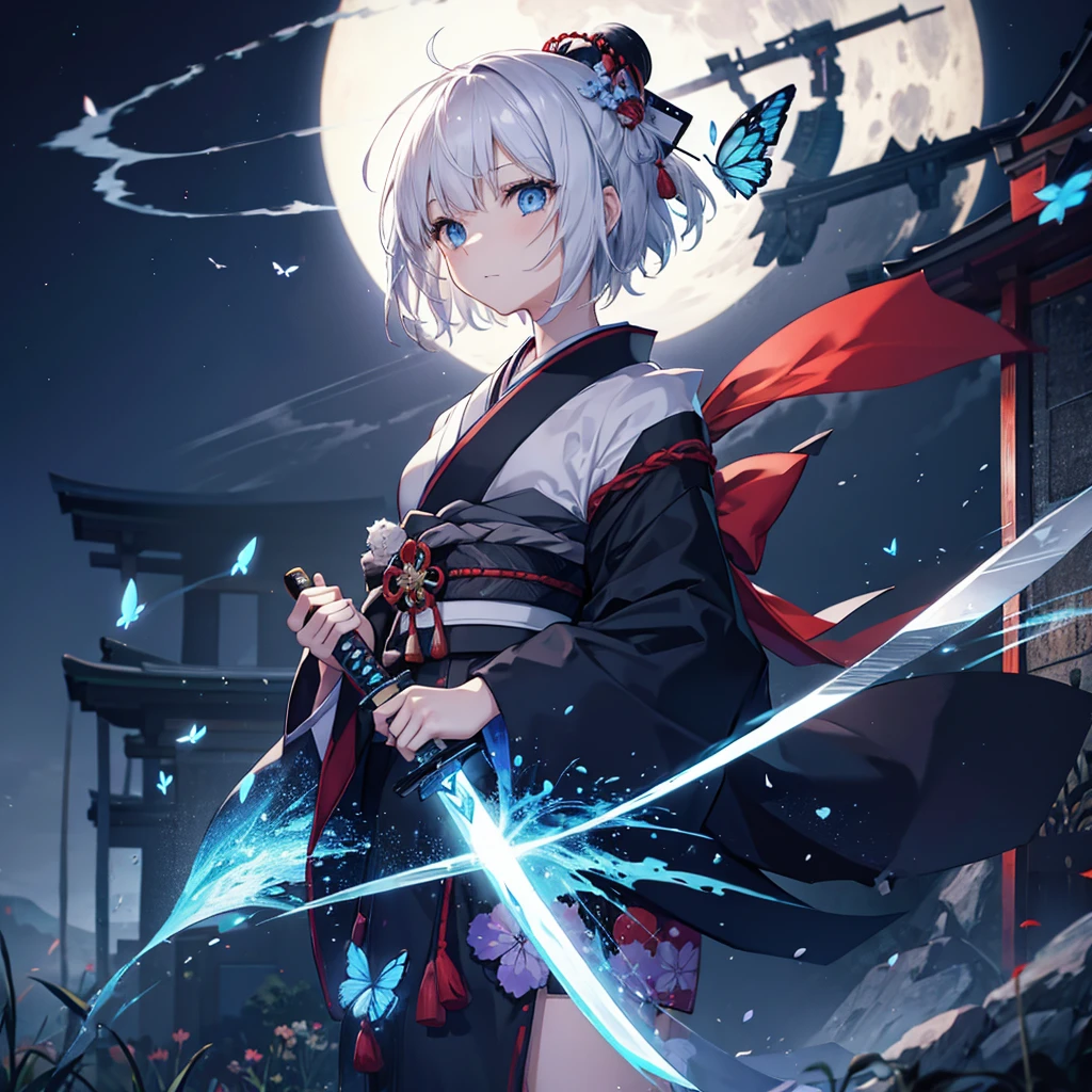 (((1 person))) ((High resolution Gray Hair short hair Black kimono Shoulder knifeを構える)) ((Black Band samurai Lonely despair blue eyes)) ((Blue Butterfly night Japanese style old Shining Aura garden shrine torii Catch the wind)) (dance 日本knife knife Slashing) moonlight star Draw your sword Shining Background Shining Edge
