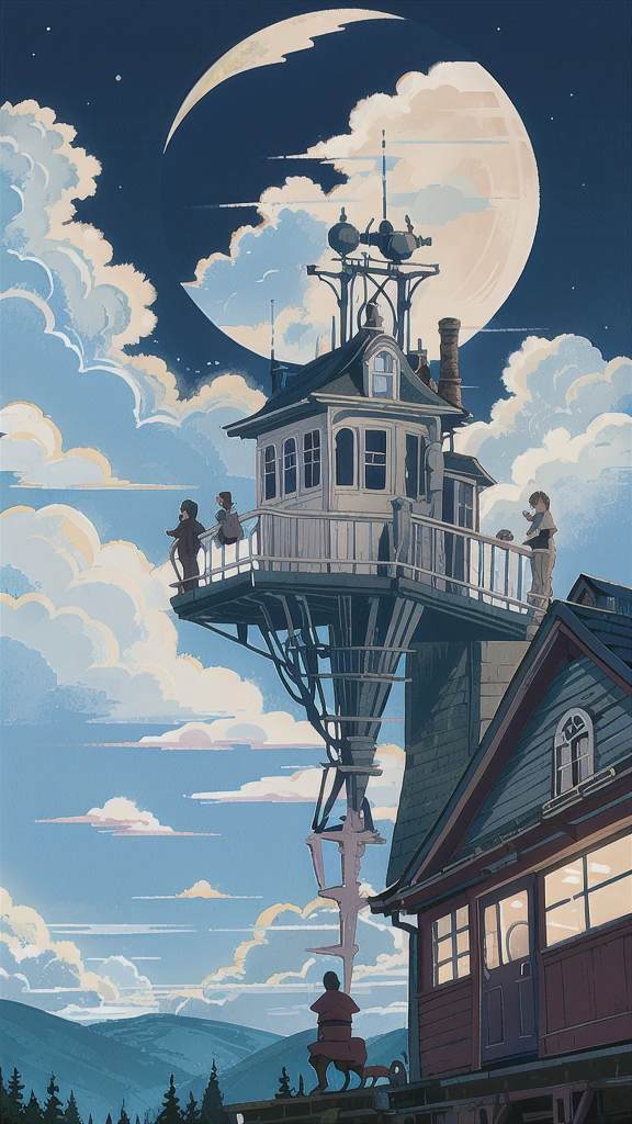 Sextans, humans, moon, sky, night, full moon, cloud, station,train, outdoors, scenery, night sky, water, cloudy sky, building, skeleton, animal.